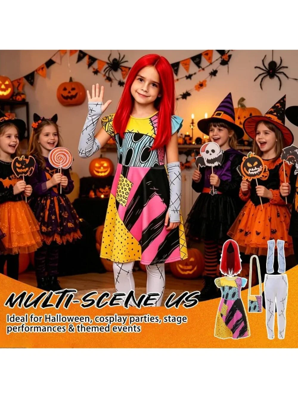 5PCS Kids Sally Costume Set - Girls Christmas Dress, Wig & Accessories for
